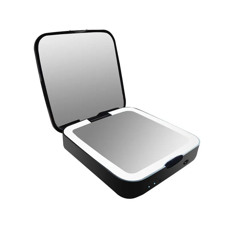 Makeup mirror with dual magnification and adjustable lighting in black or white colour options