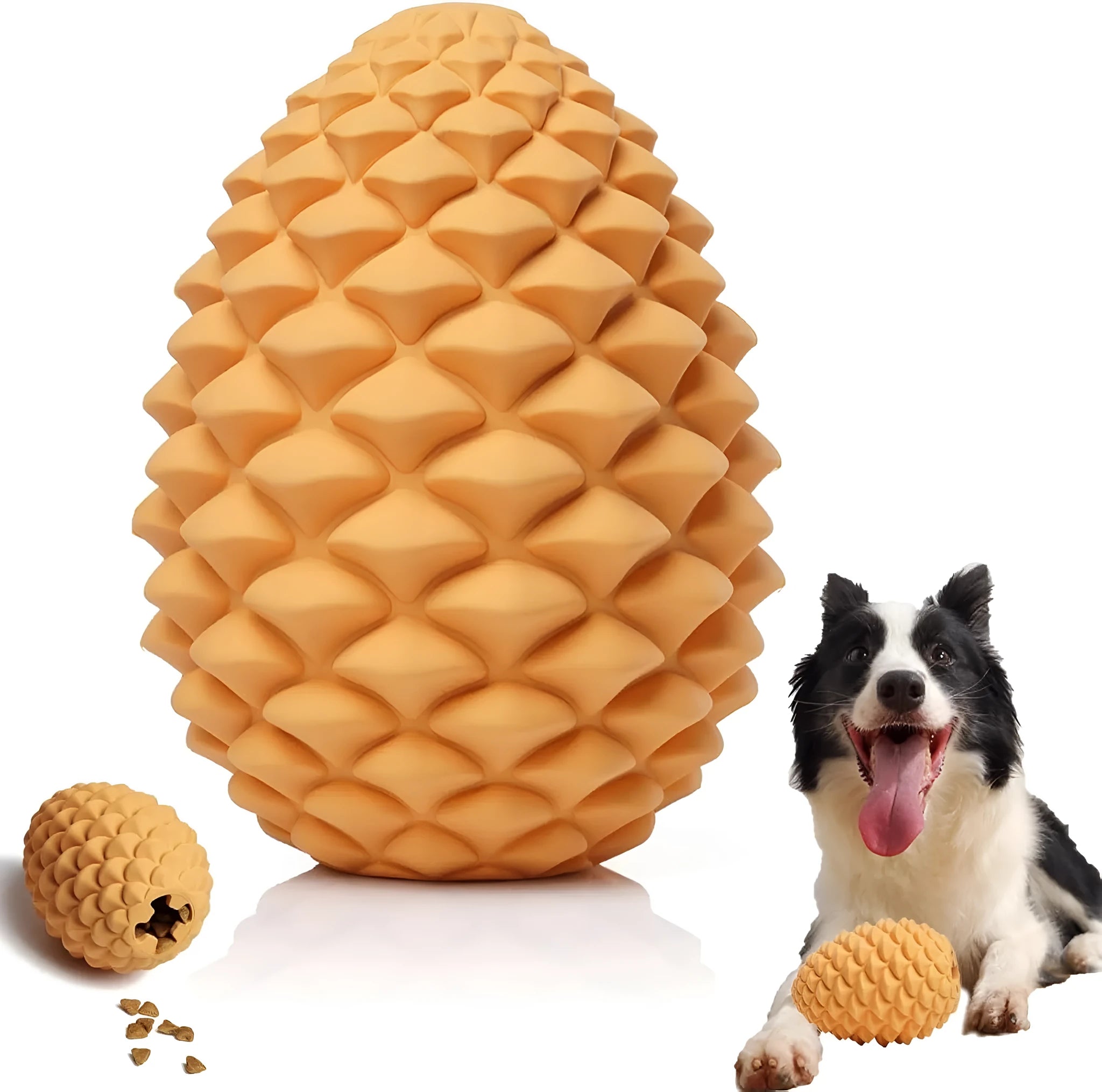 Natural rubber pine cone shaped dog toy with treat dispenser for medium and large aggressive chewers