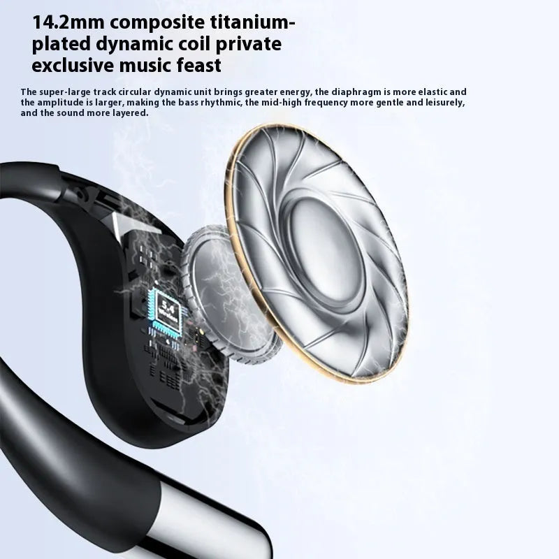 Black sports Bluetooth earphones with hanging ear design showing digital display screen