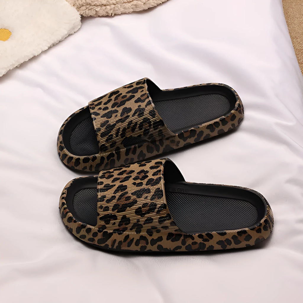 Women's leopard print EVA slippers with a thick sole, shown in multiple colour options.