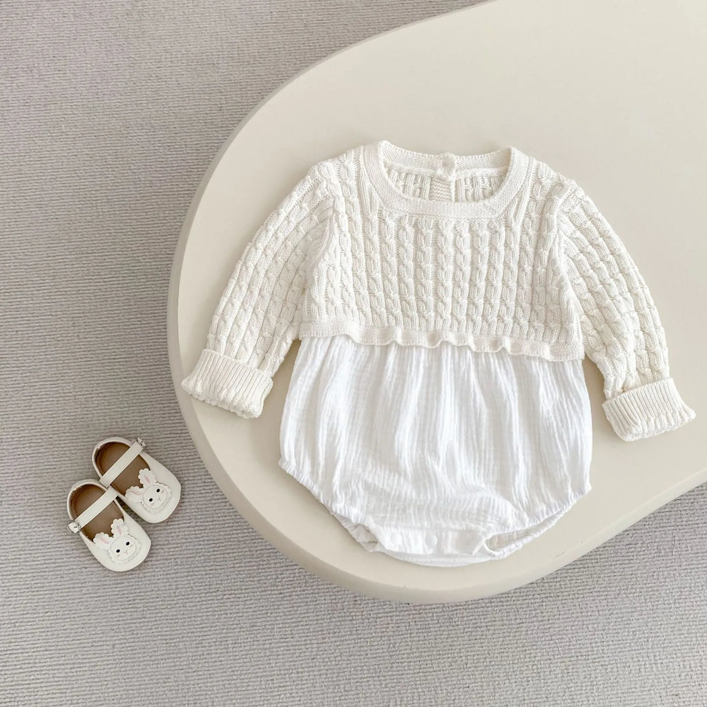 Baby girl cotton romper in milky white long sleeve pullover style