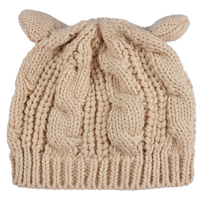 Hand made knitted cat ear winter beanie in five colours: red, black, beige, coffee, yellow.