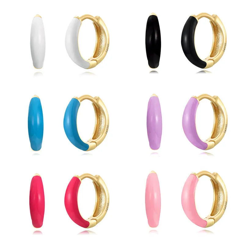 Geometric U-shaped oval curved earrings with colourful dripping oil epoxy resin finish on silver-plated copper.