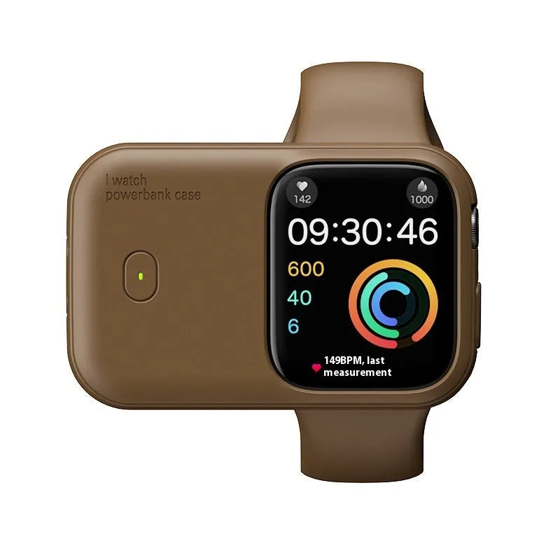 Apple Watch portable charging case with silicone cover in brown, midnight blue or starlight colours