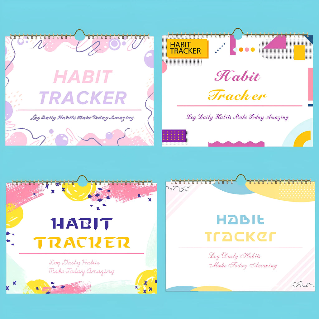 Habit tracking planner showing 12 internal pages in A4 21x28cm size with colour options
