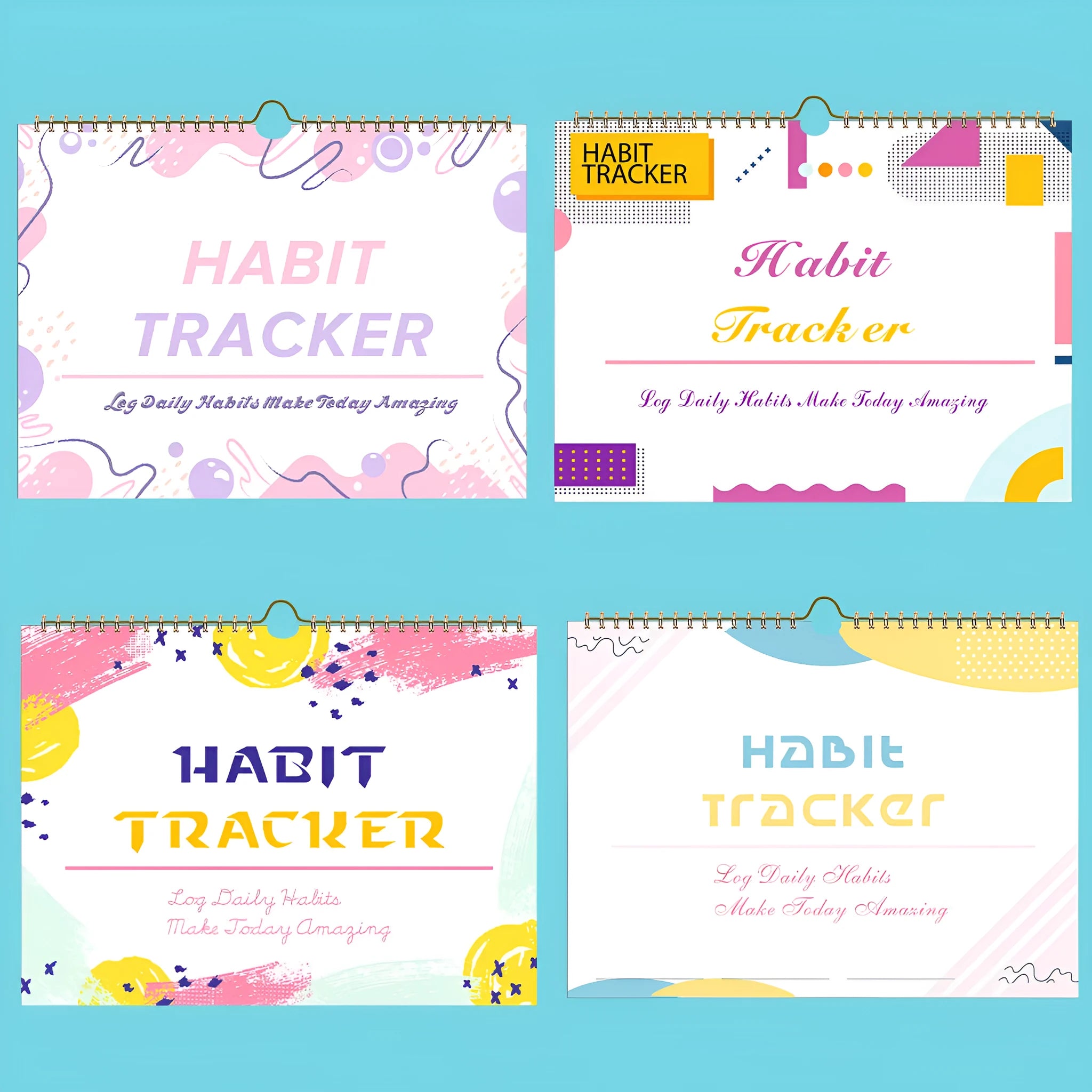 Habit tracking planner showing 12 internal pages in A4 21x28cm size with colour options
