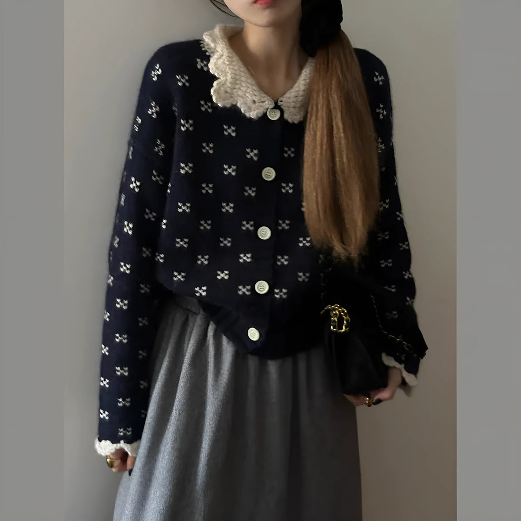 Women's floral embroidered Peter Pan collar cardigan coat in cashmere-blend polyester fabric