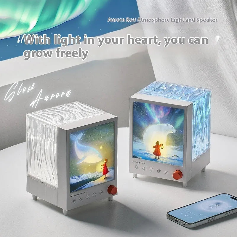 Aurora Treasure Box projection lamp projecting Star Sea Whale light pattern with Bluetooth speaker functionality