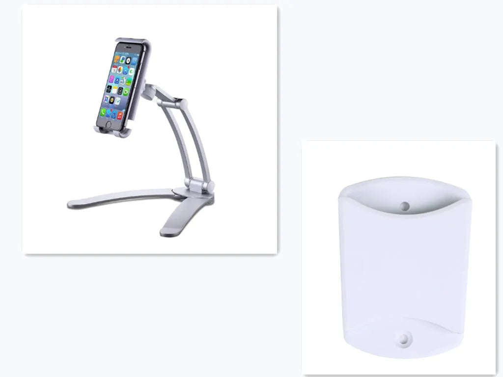 Silver aluminum alloy adjustable tablet stand holding a tablet with 360-degree rotation capability