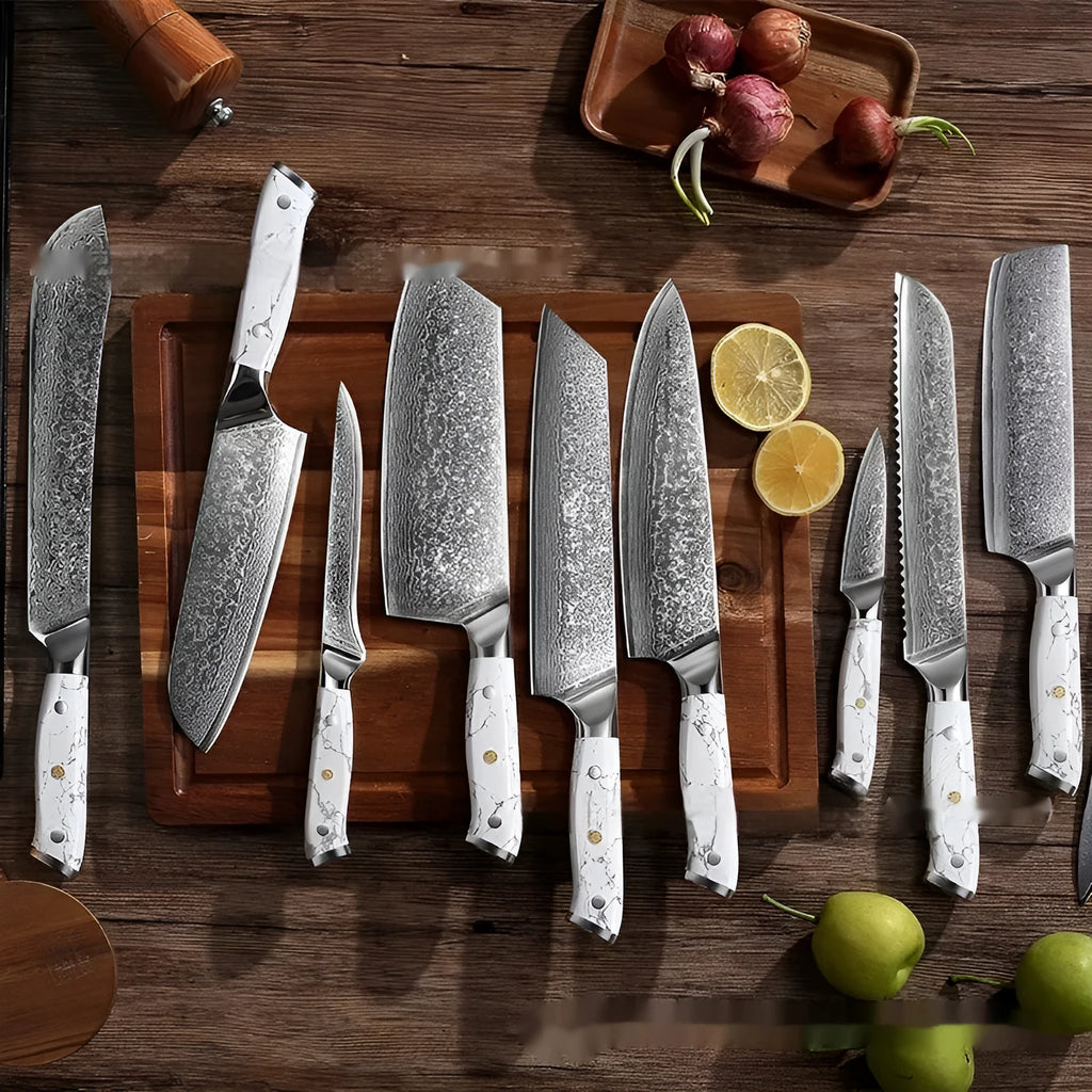 Damascus pattern chef's knife with 21cm blade and 11cm handle showing modern simple design