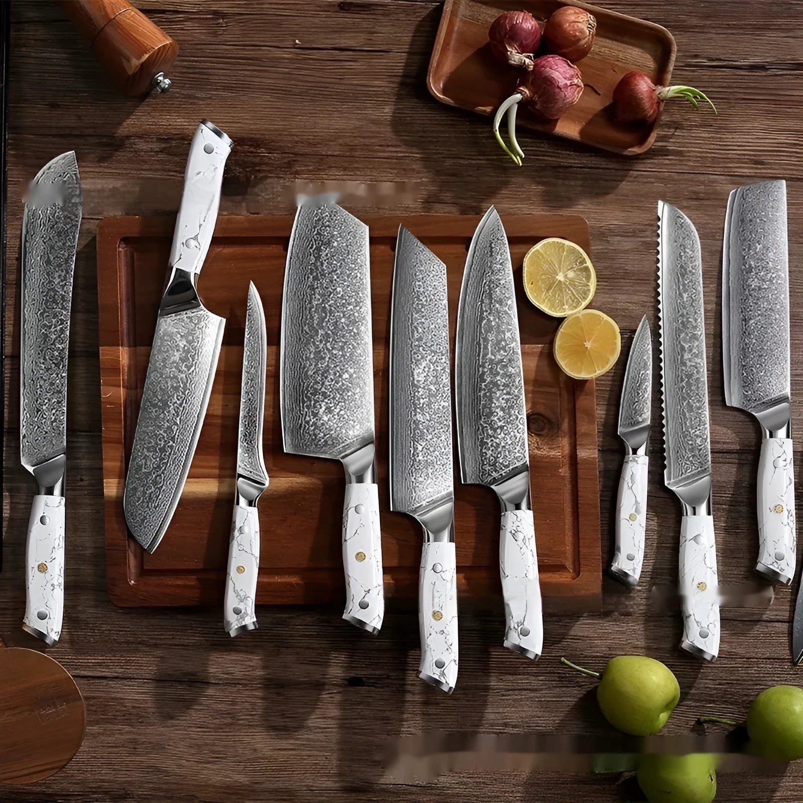 Damascus pattern chef's knife with 21cm blade and 11cm handle showing modern simple design