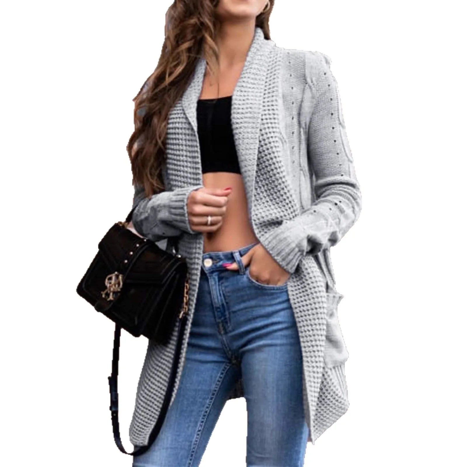 Grey loose fit women's cardigan sweater coat with front pockets on a hanger.