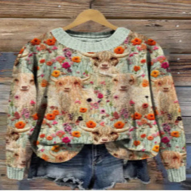 Little Flower digital printed round neck long sleeve sweater on a hanger