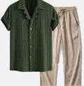 Men's loose fit short sleeve shirt and trousers suit in milk silk fabric for summer.
