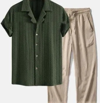 Men's loose fit short sleeve shirt and trousers suit in milk silk fabric for summer.