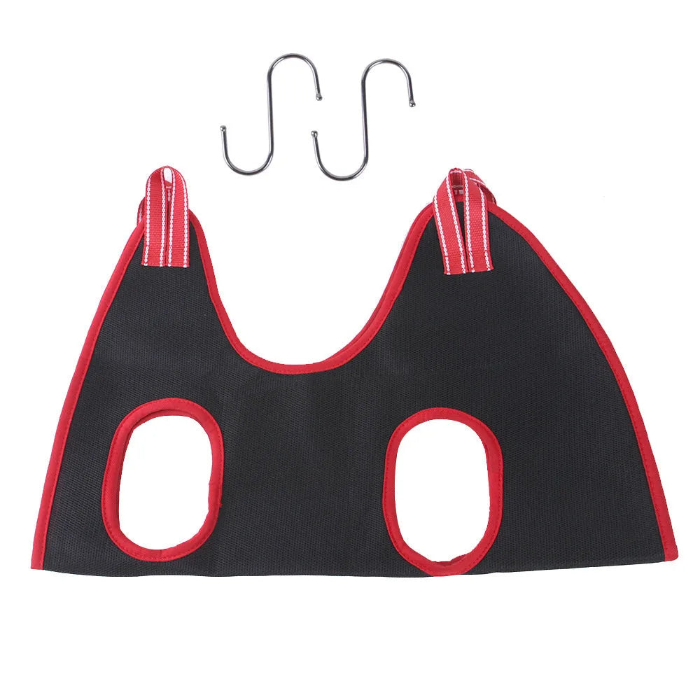 Pet grooming hammock restraint bag suspended for dog nail trimming
