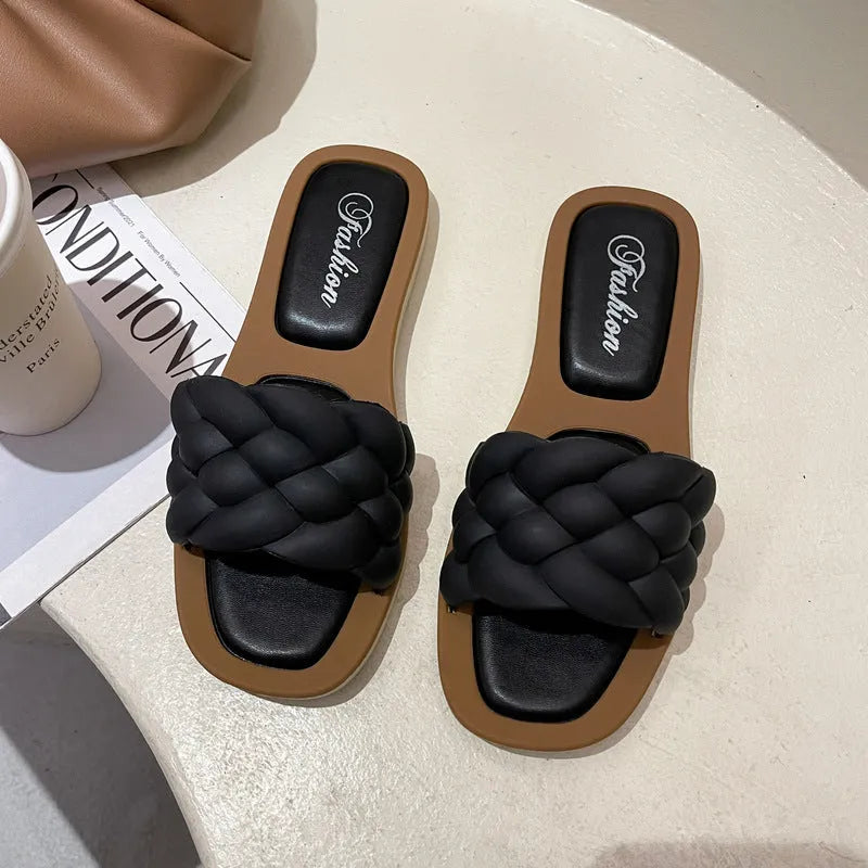Women's plaid pattern sandals with thick PVC anti-skid sole in white, shown from the side.