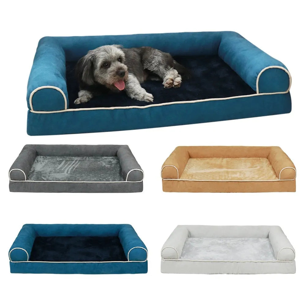 Square blue cloth dog bed with sponge foam cushion for medium-sized dogs on a wooden floor.