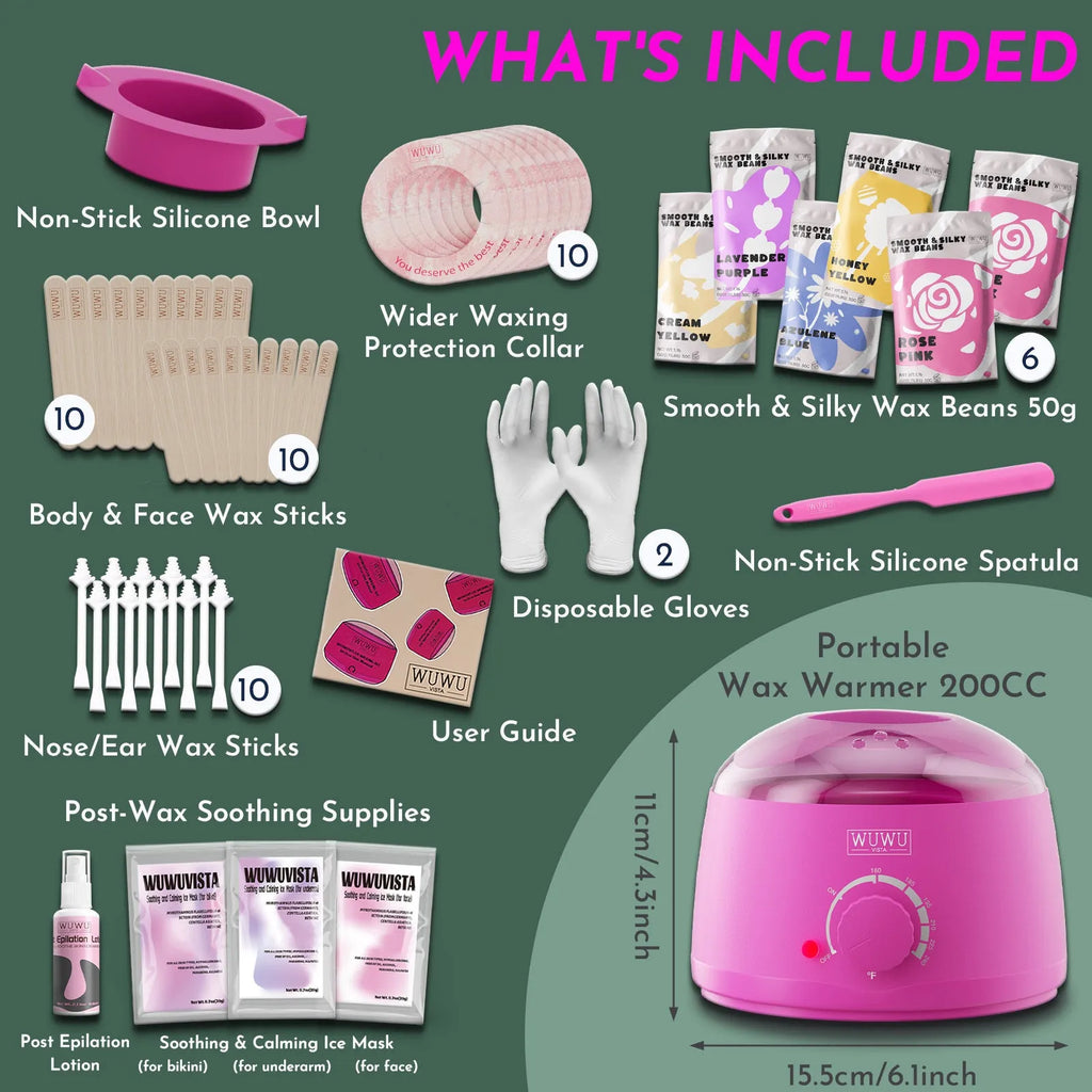 WUWUVISTA 56 piece professional waxing kit with black wax warmer, coloured wax beads, applicators, and aftercare products