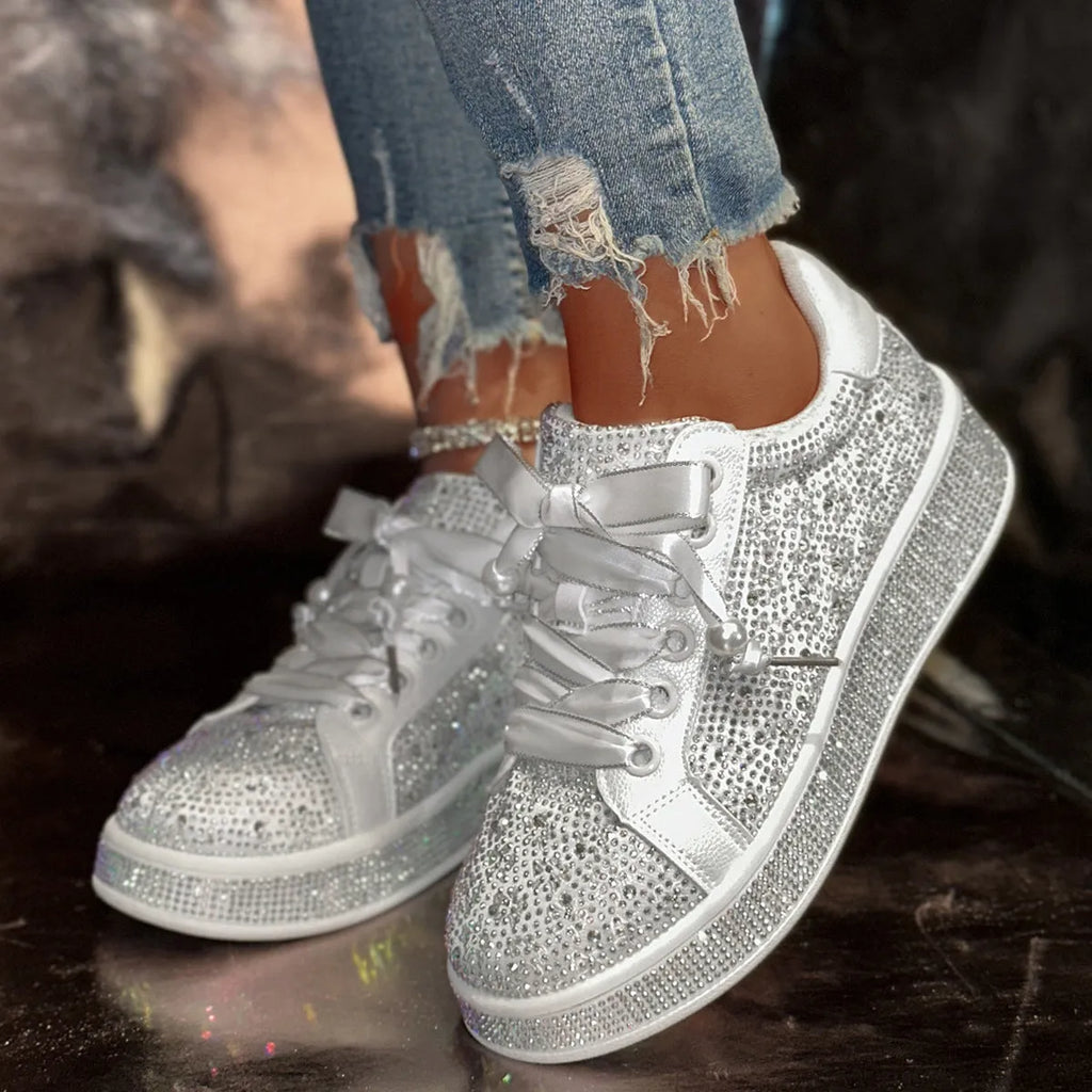 Solid white plus size women's casual shoes with starry rhinestone detailing, low-top design, and rubber sole