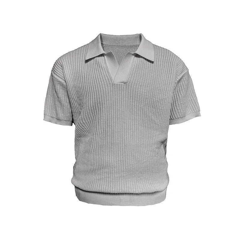 Men's creamy white short sleeve polo shirt with stripes and a loose casual fit.