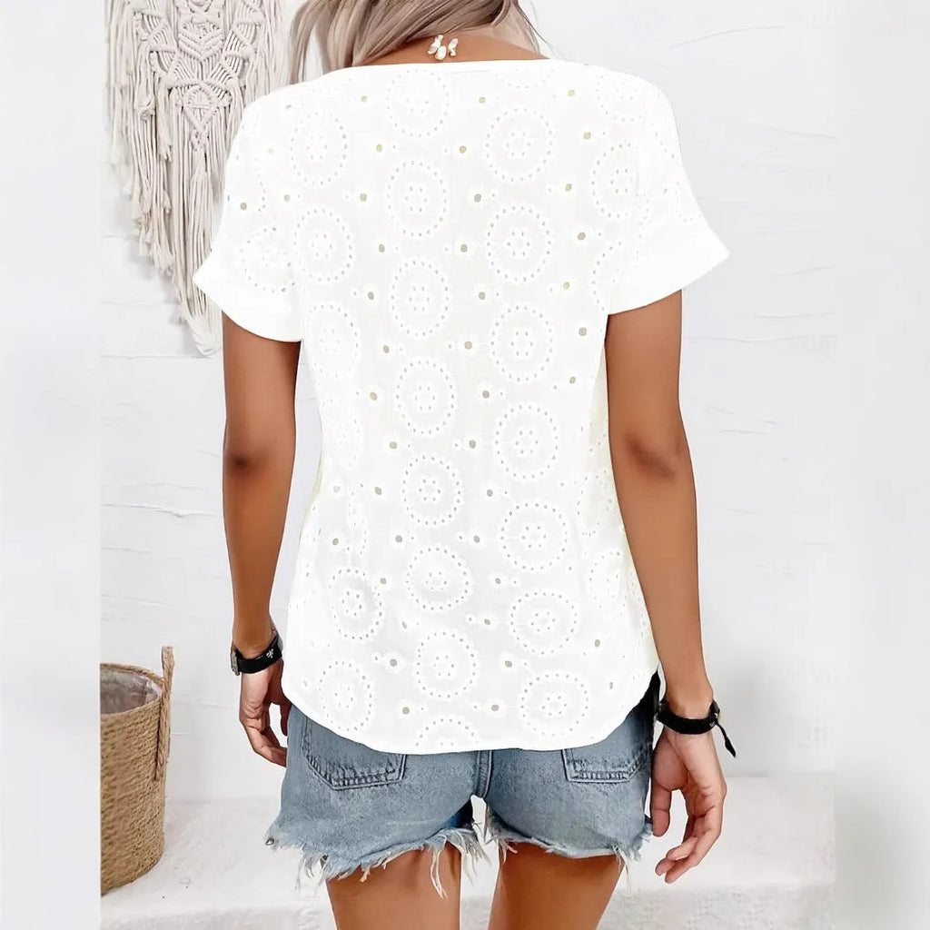 White women's V-neck t-shirt with hollow-out design detail and regular sleeves