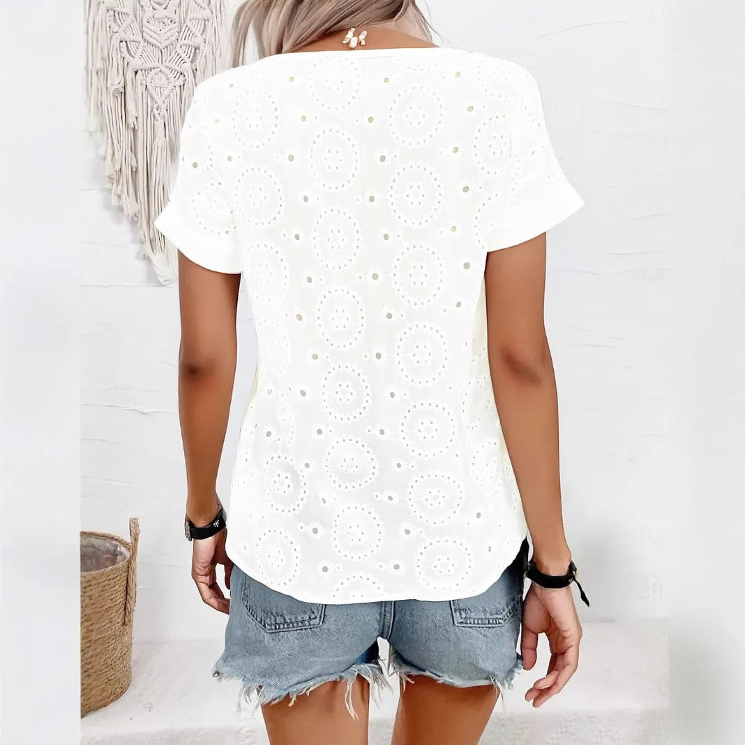 White women's V-neck t-shirt with hollow-out design detail and regular sleeves
