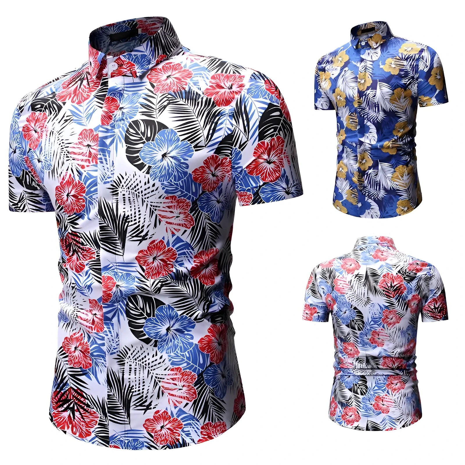 Men's summer floral shirt with square collar short sleeves in blue polyester on white background
