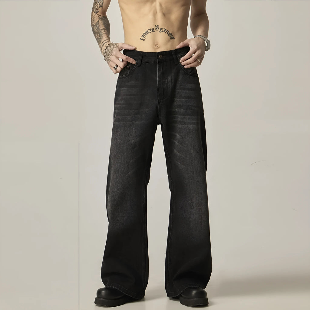 Black loose straight-leg retro jeans with zip fly opening on mannequin