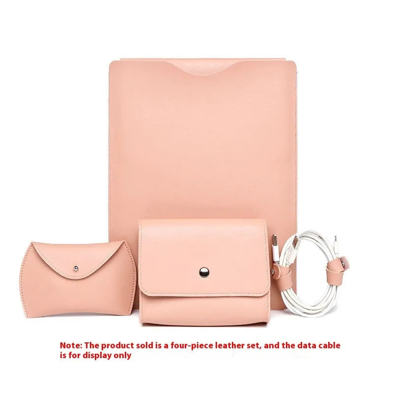 Four-piece imitation leather lock edge protective cover set for MacBook laptops in brown, grey, apricot, and light pink colours