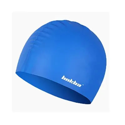 Silicone swimming cap with earmuff design for ear protection, shown in various colours