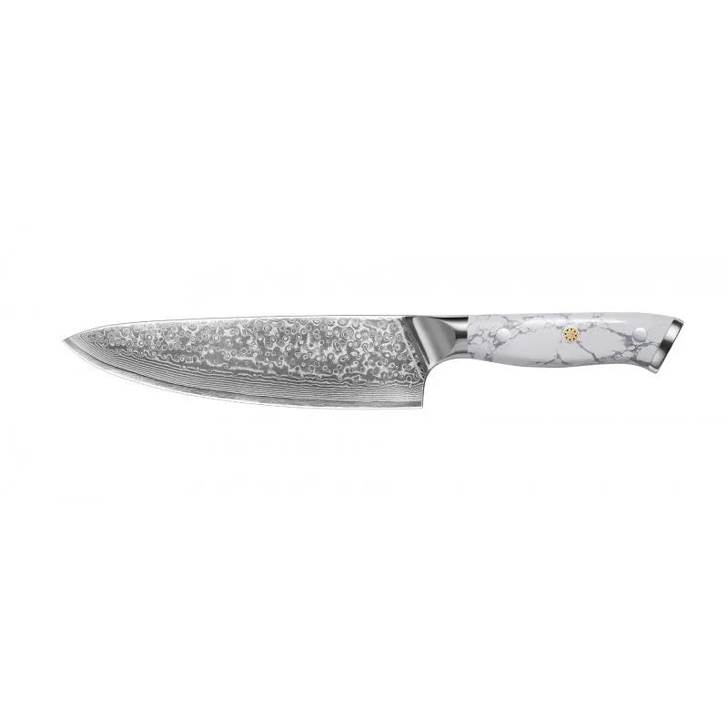 Damascus pattern chef's knife with 21cm blade and 11cm handle showing modern simple design