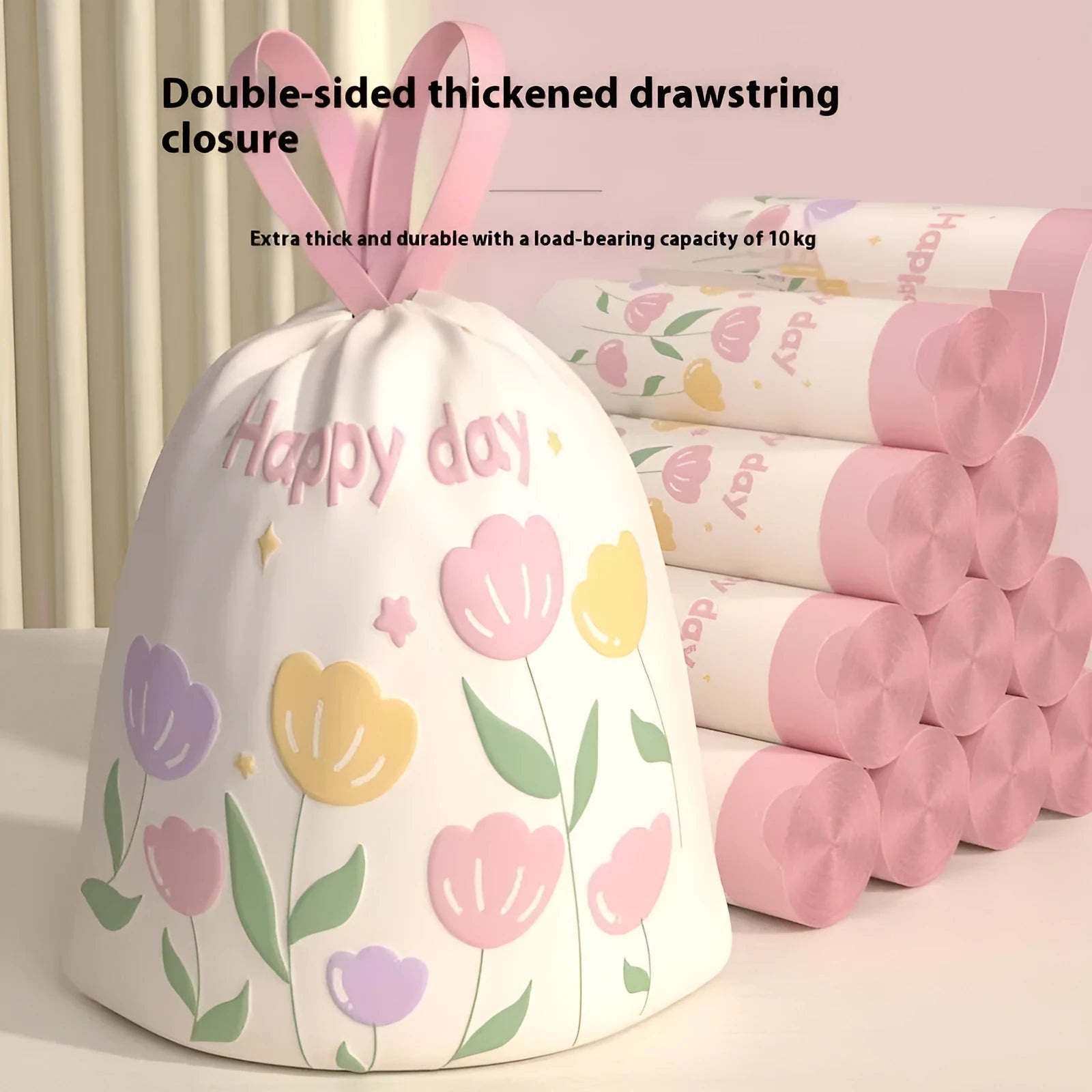 Pink drawstring garbage bags with degradable PE material and argy wormwood mosquito repellent properties