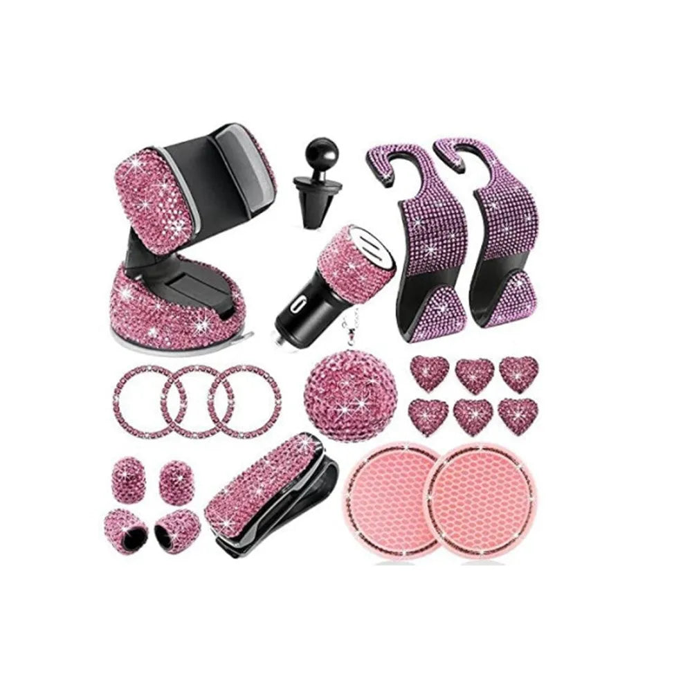 White rhinestone car interior accessories set in cardboard box