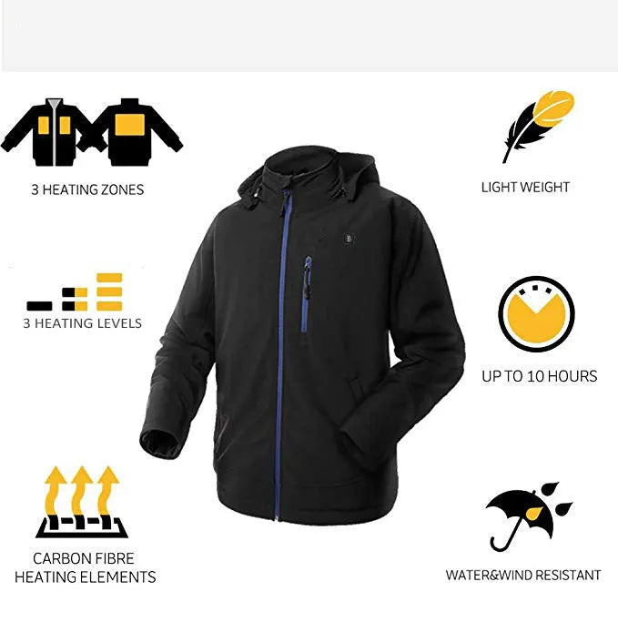 Black USB heated waterproof windproof thermal coat for men with straight hem and zipper pockets