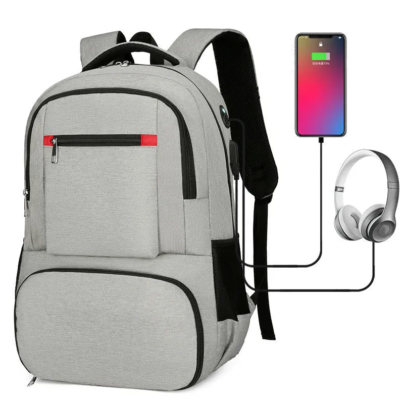 Light grey insulated Oxford cloth backpack with curved shoulder straps, shown with dry-wet separation compartment open.