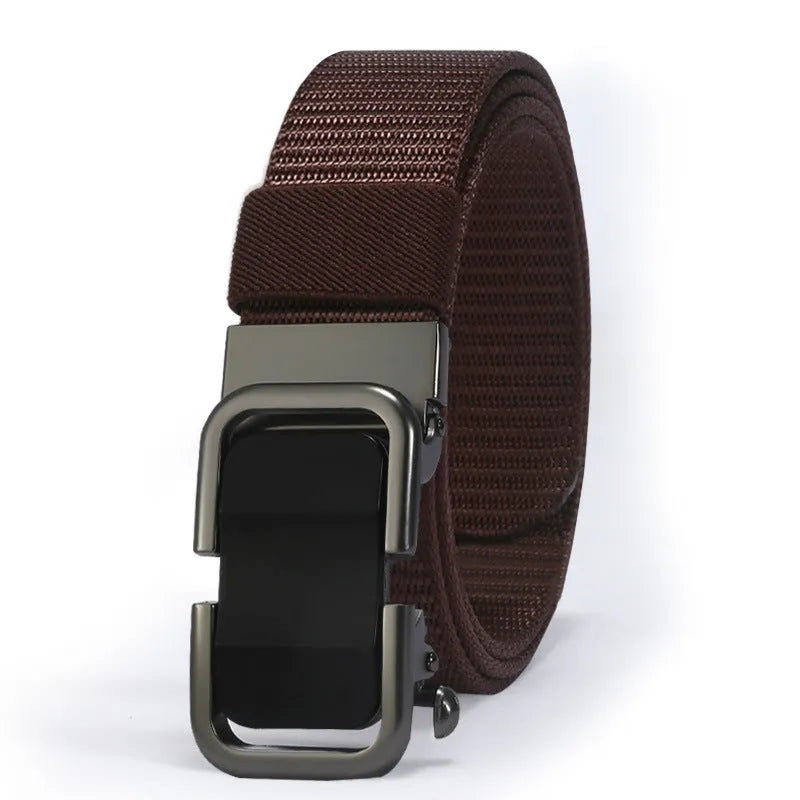 Men's blue nylon canvas belt with a silver alloy buckle, showing the 120cm toothless strap design.