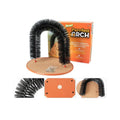 White plastic arched cat toy with rows of built-in brush bristles for scratching and grooming.