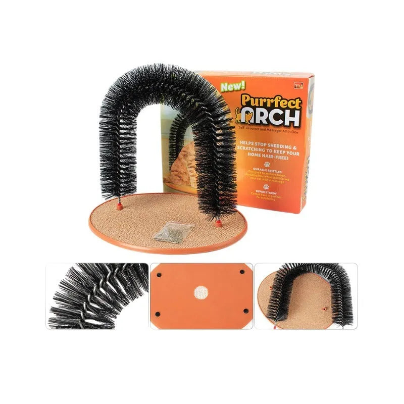 White plastic arched cat toy with rows of built-in brush bristles for scratching and grooming.