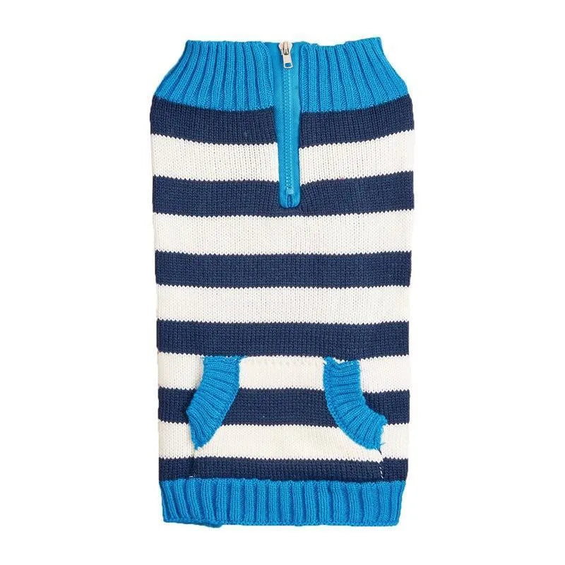 Grey dog sweater with horizontal front zipper and contrast colour button pocket on small breed dog