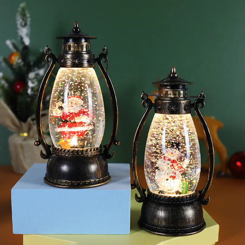 Plastic crystal ball oil lamp with LED light showing snowman and elderly figure Christmas decoration options