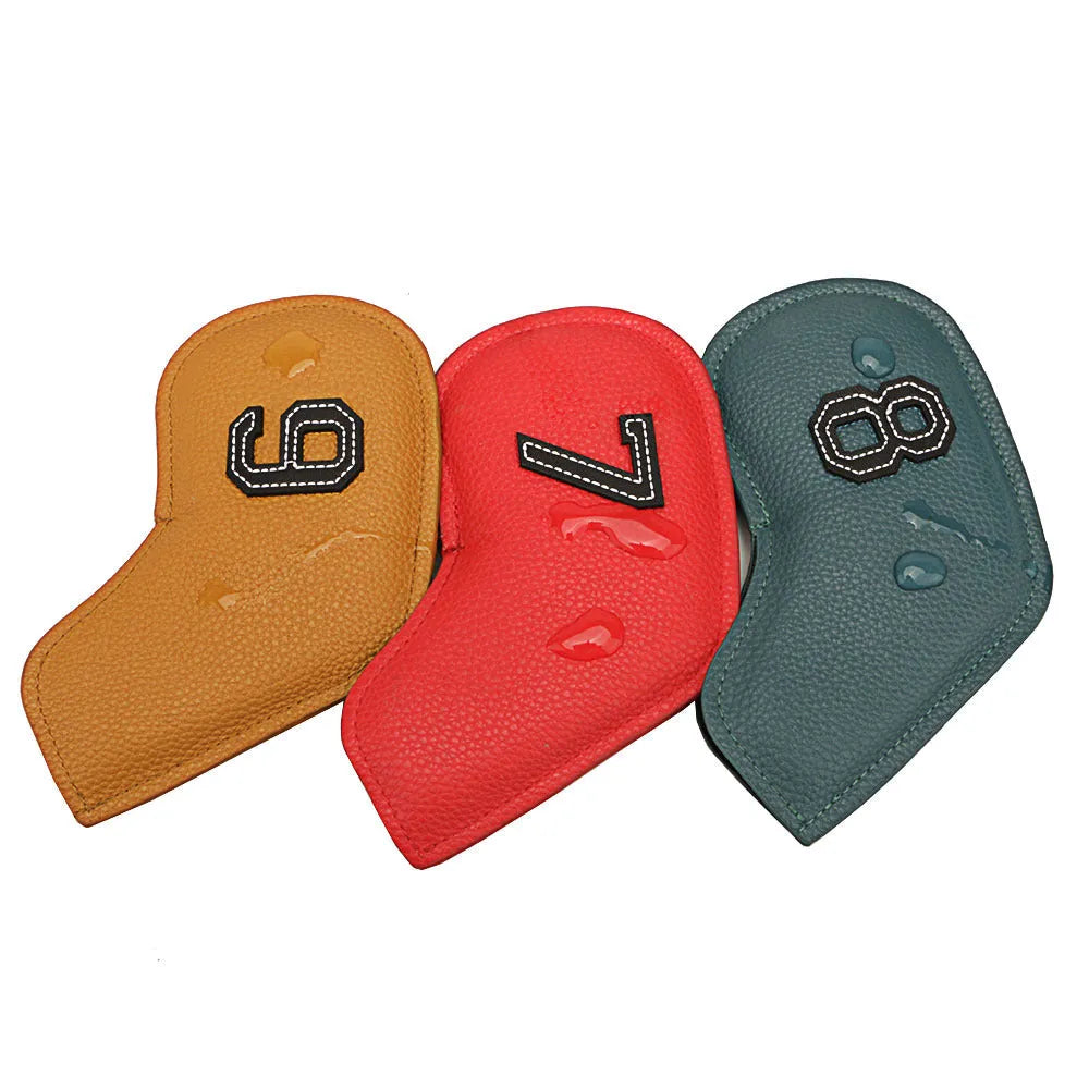 Set of 10 digital printed golf club head covers in various designs for outdoor sports use