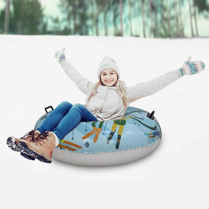 Outdoor creative printed PVC winter thick ski ring toy in red, blue, and snow mountain designs.