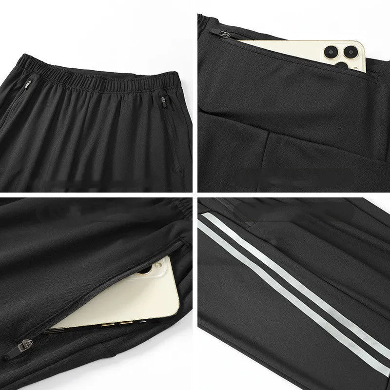 Men's black and navy blue running trousers with mid waist design and full-length cut