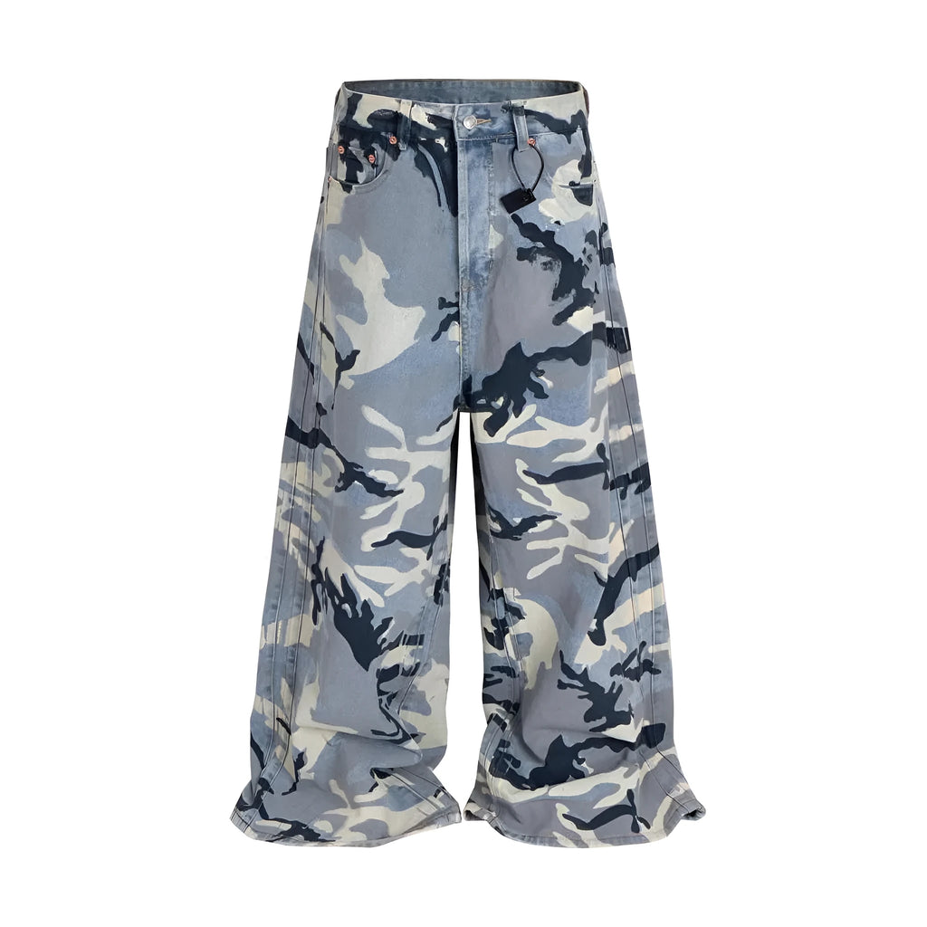 Snow camouflage blue jeans with loose fit trousers design and cotton elastic denim fabric