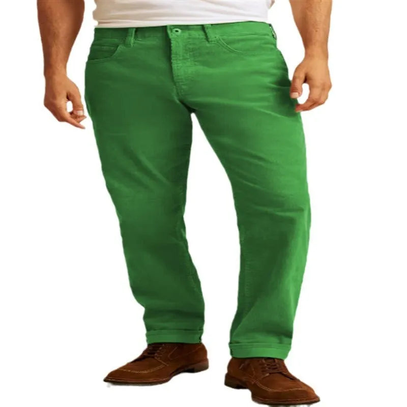 Straight-leg corduroy trousers in green colour with mid-waist styling and zip fly opening