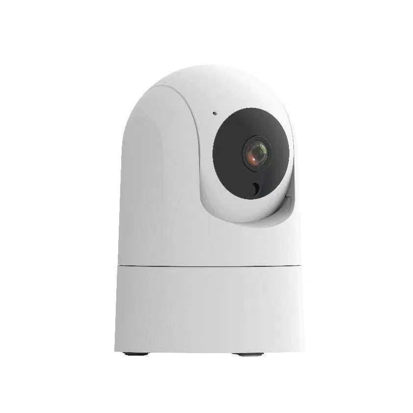 White indoor security camera with 5G and WIFI connectivity, two-way audio, and shake head tracking features