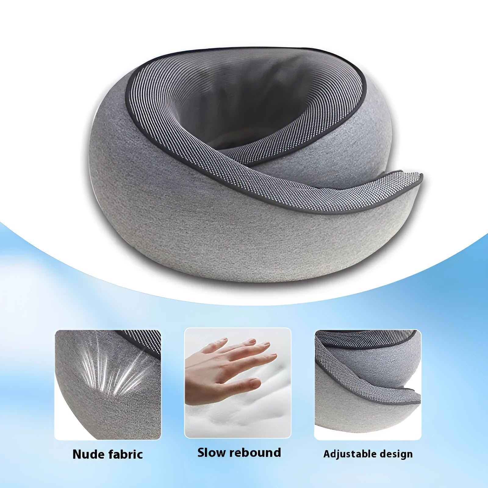 U-shaped memory foam travel neck pillow in light grey with a black storage bag.