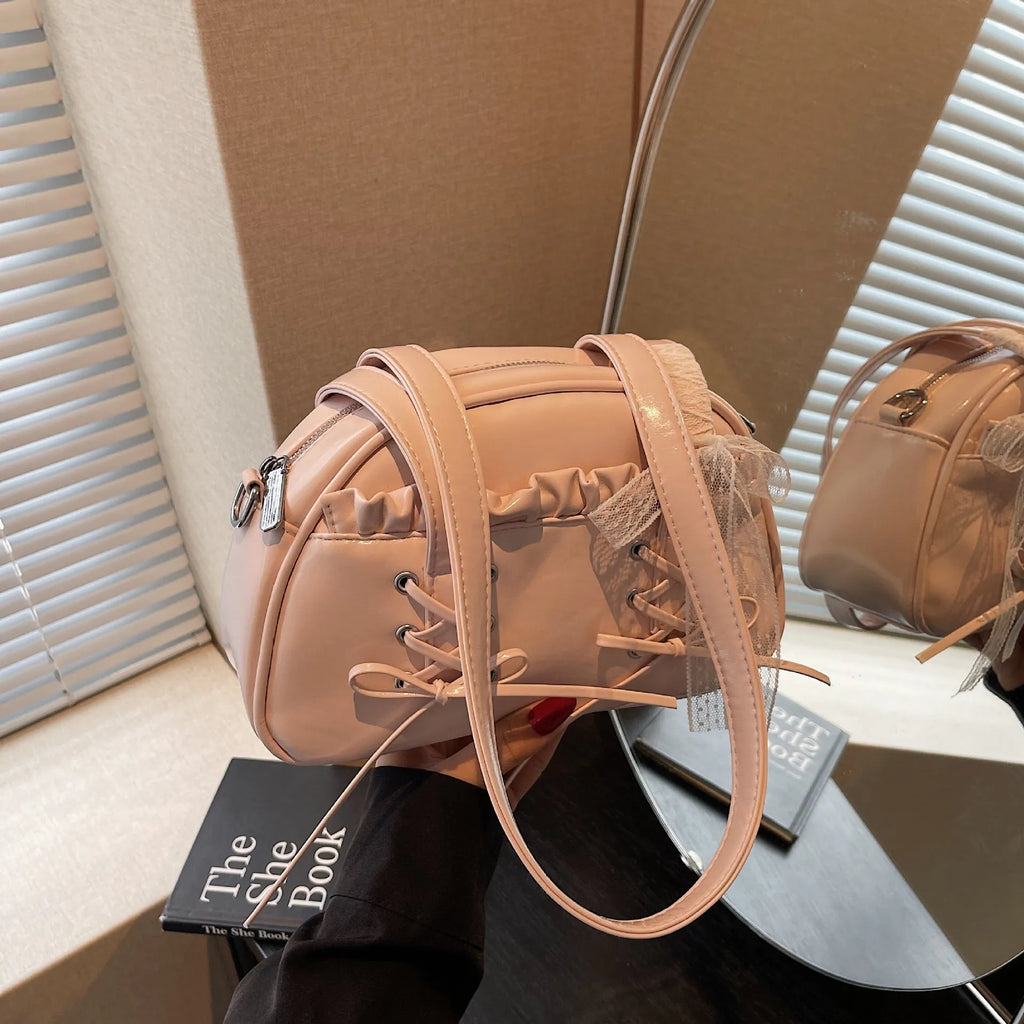 Women's bandage bow shoulder handbag in PU leather with mobile phone compartment