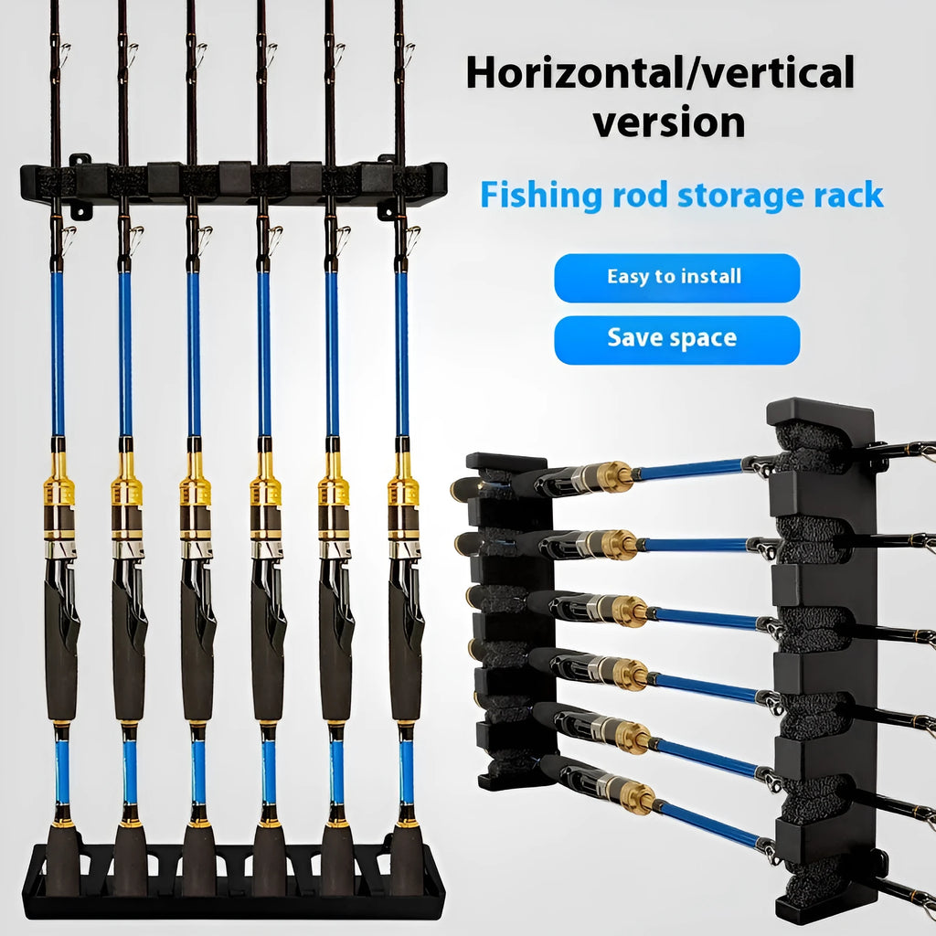Black ABS plastic wall-mounted fishing rod holder showing vertical and horizontal mounting options